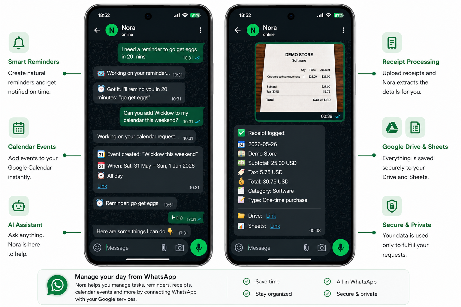 Nora WhatsApp assistant showing reminders, calendar events, receipt processing, and Google Drive and Sheets links